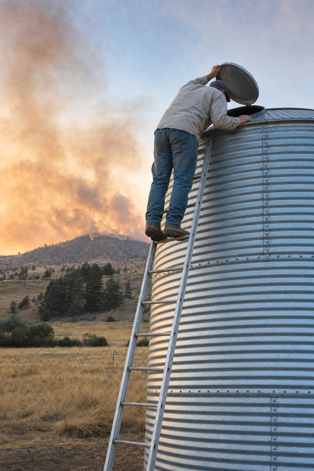 Homeowner atop the ladder, lid open, checking the tank, wildfire behind