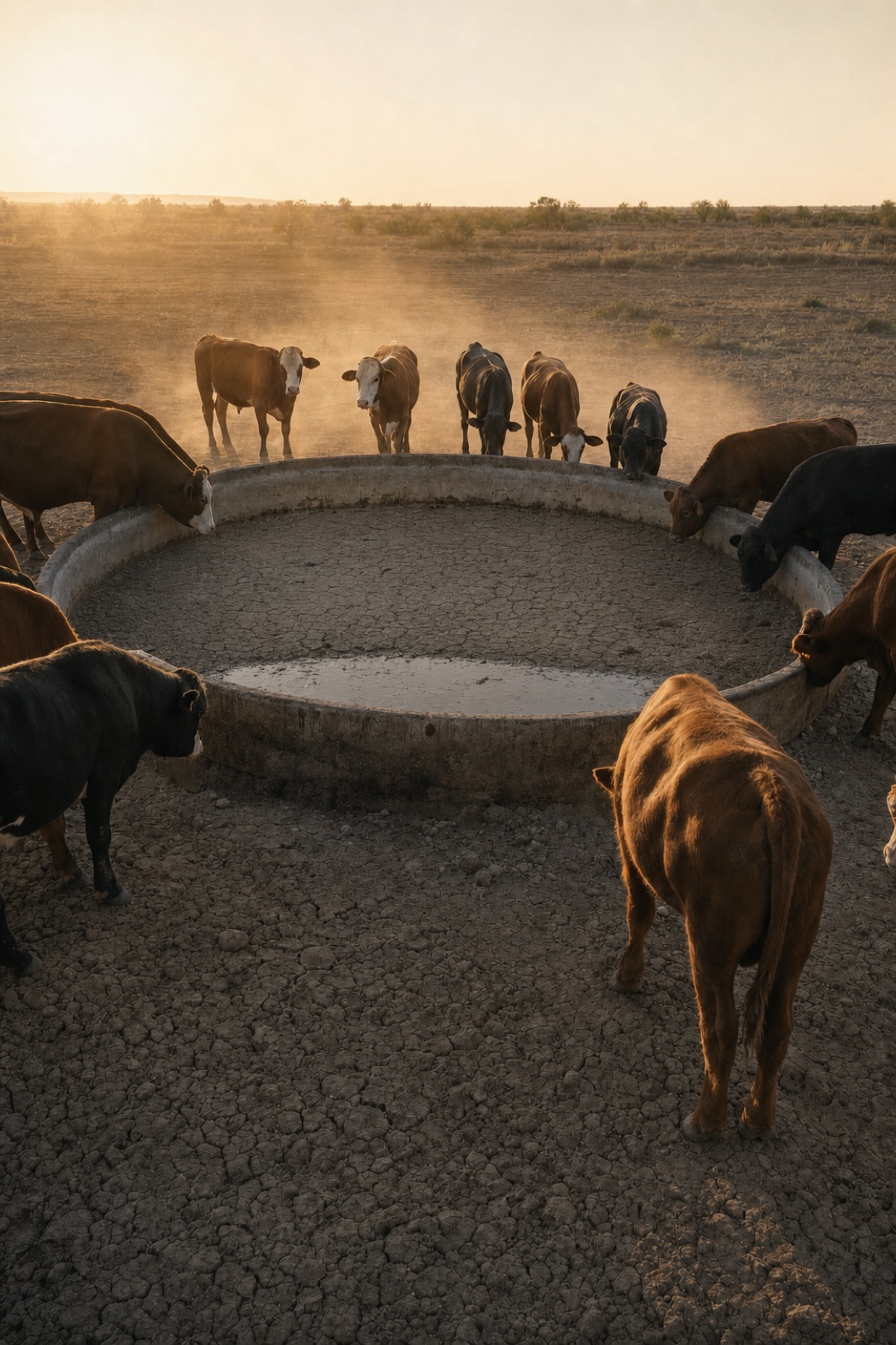 Cattle at a nearly empty concrete trough