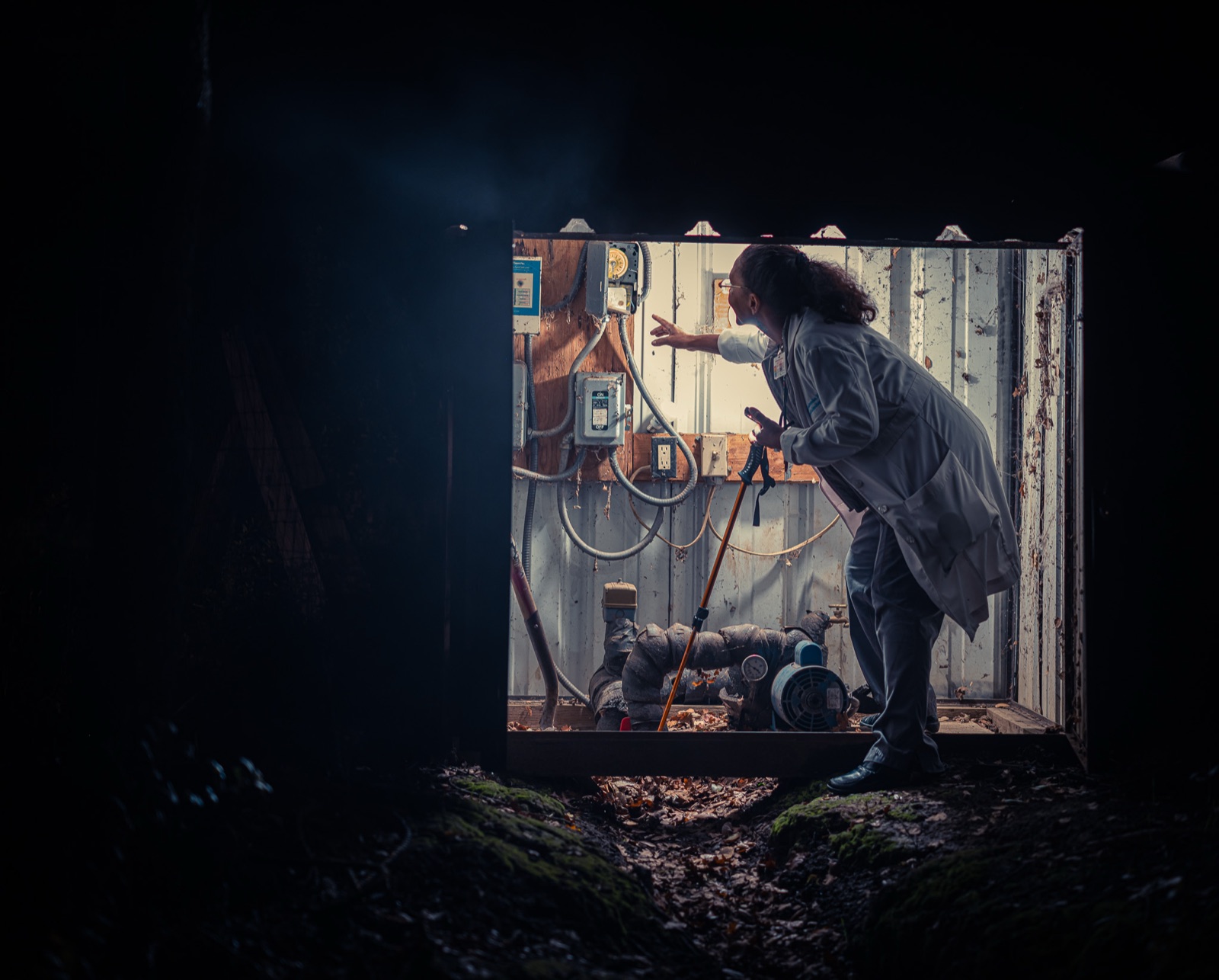 Donna Seabrooks at her pump shed panel, after dark