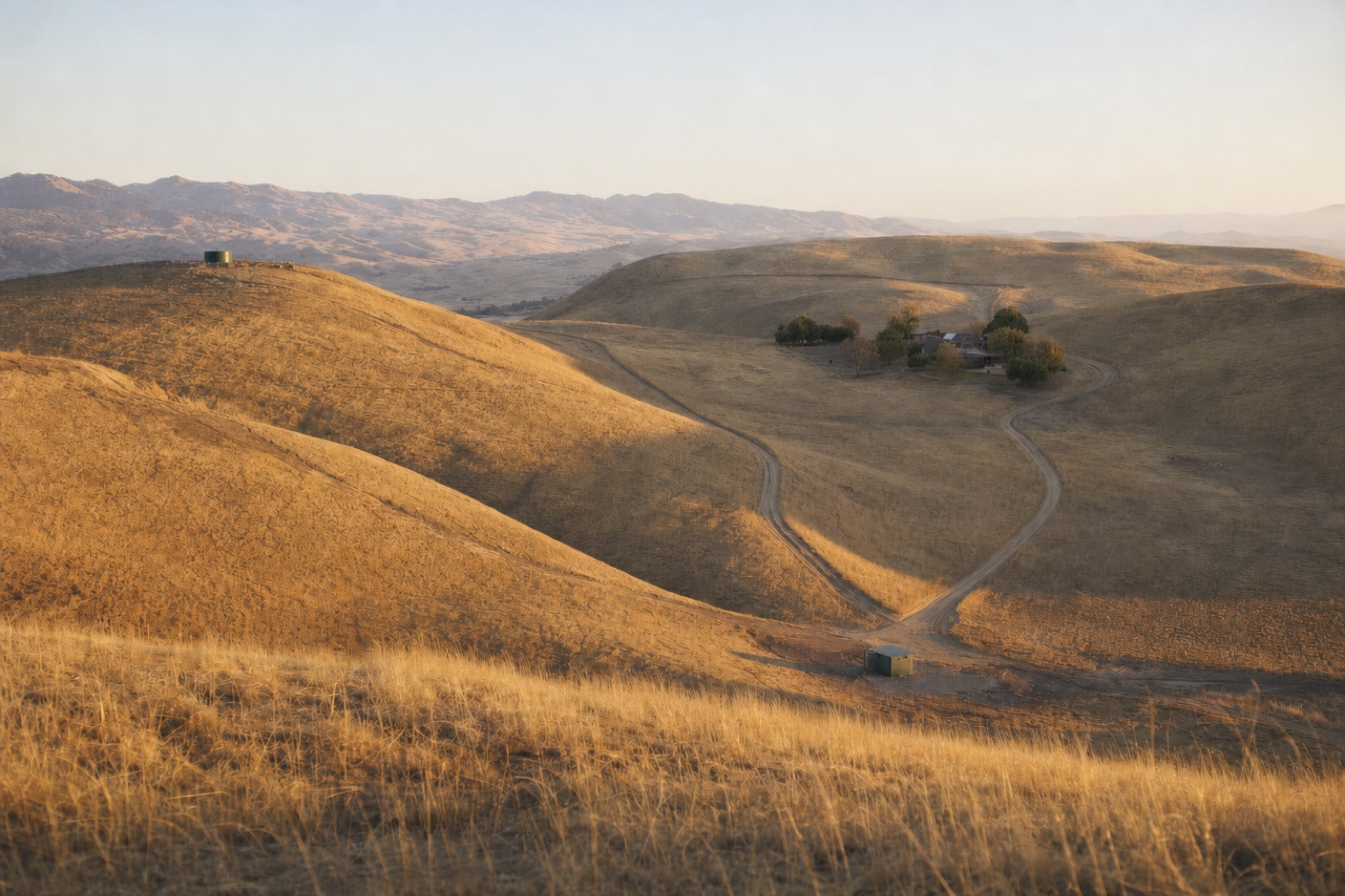 Ranch panorama, tank on a far ridge, well in the valley