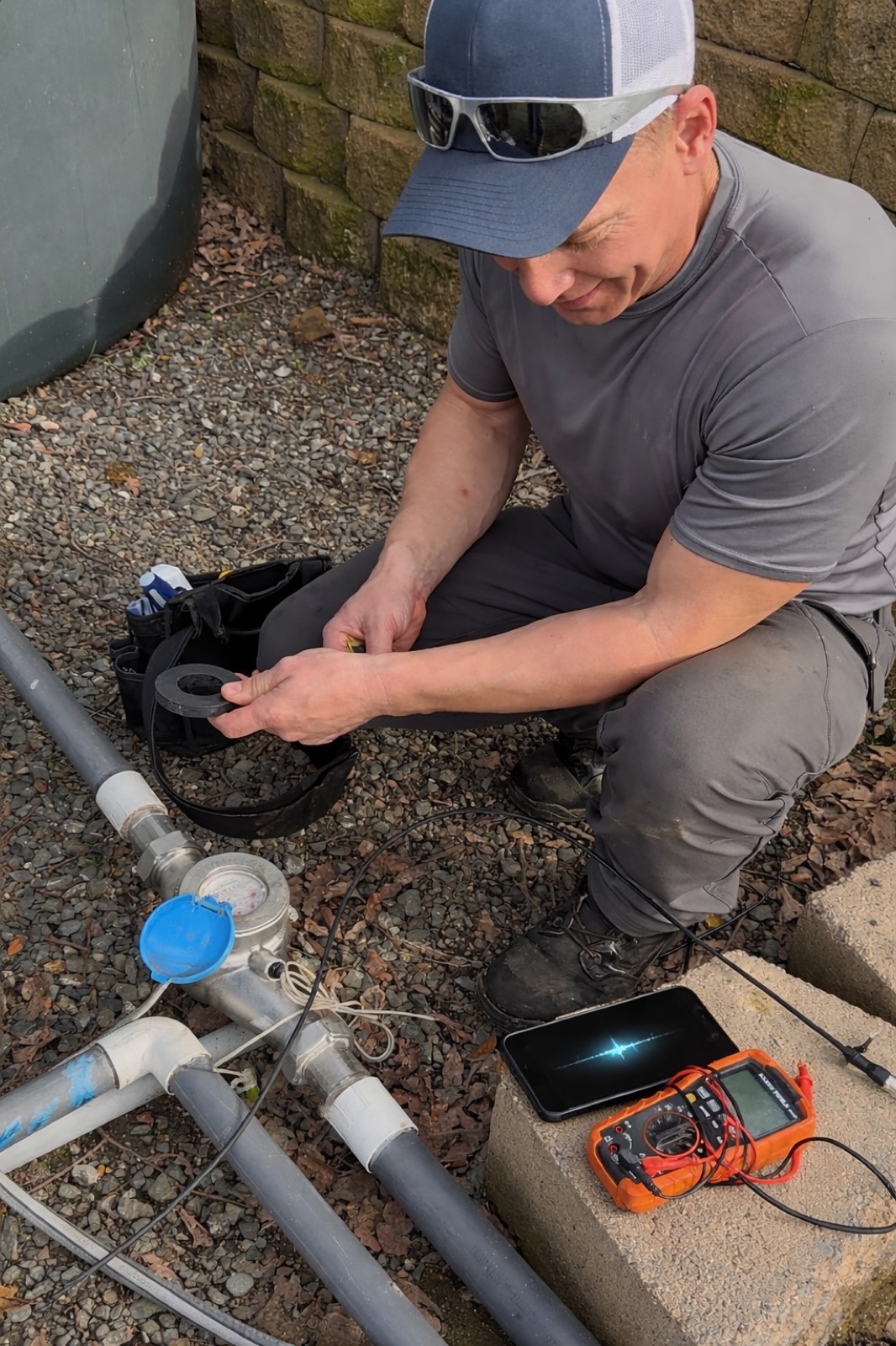 Installer at the meter, phone on the block answering him
