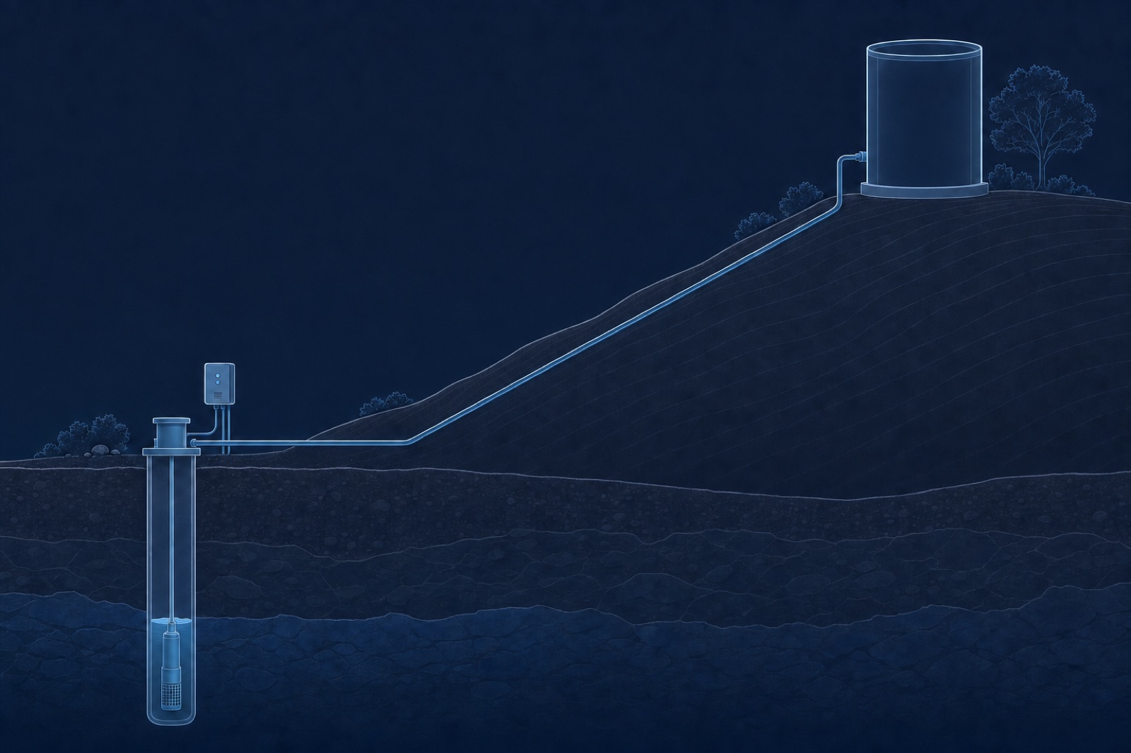Cutaway of well, pump and hilltop tank
