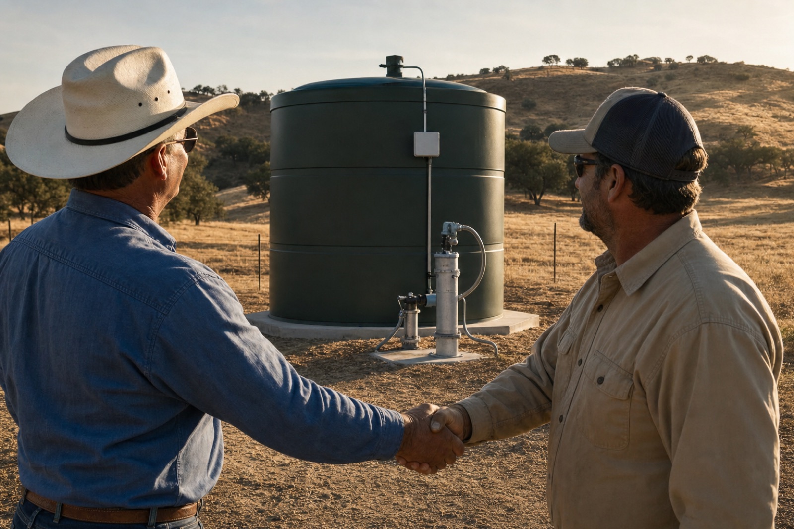 Rancher and well contractor shaking hands by the finished install