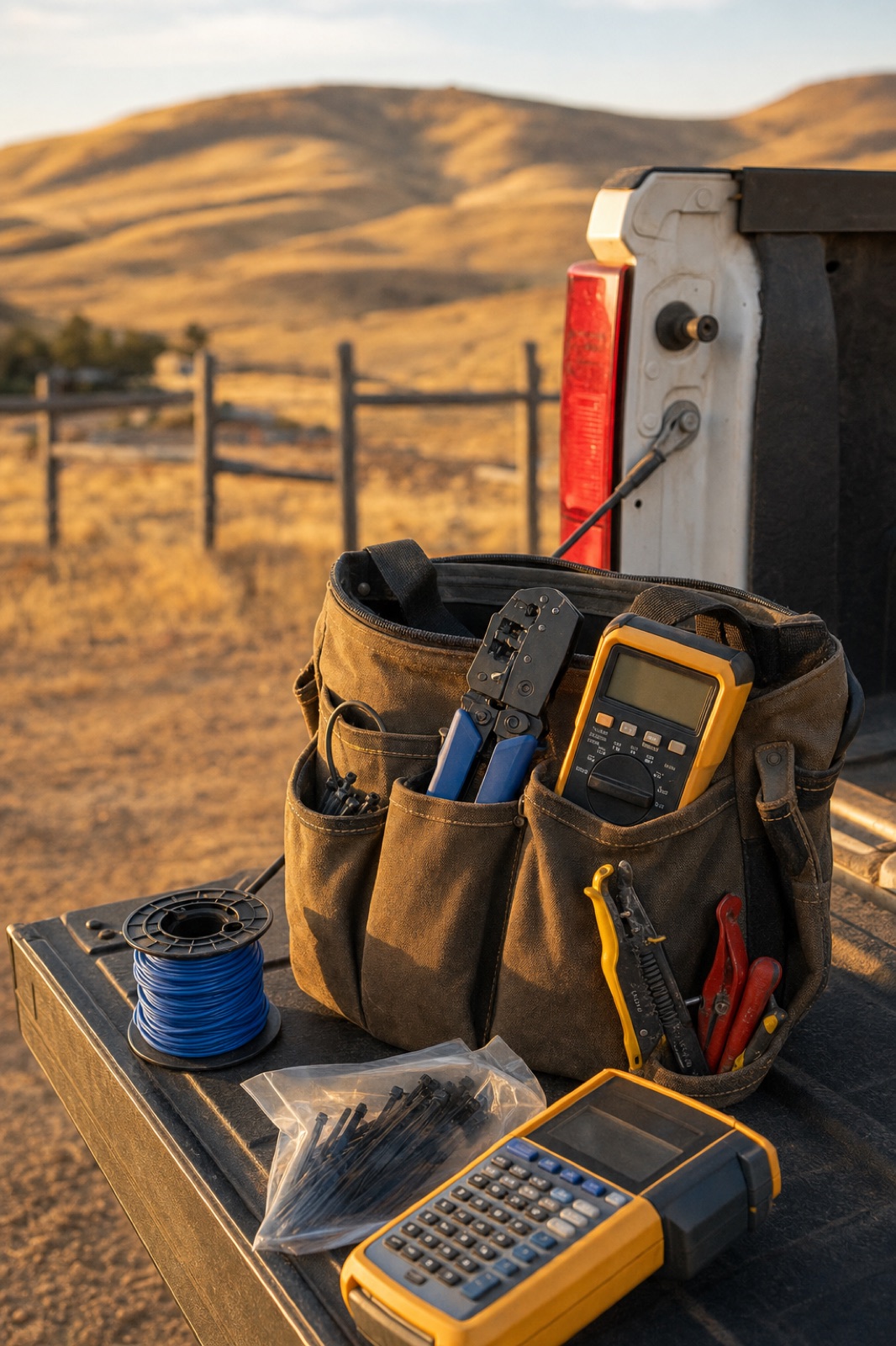 Open tool bag on a tailgate at golden hour